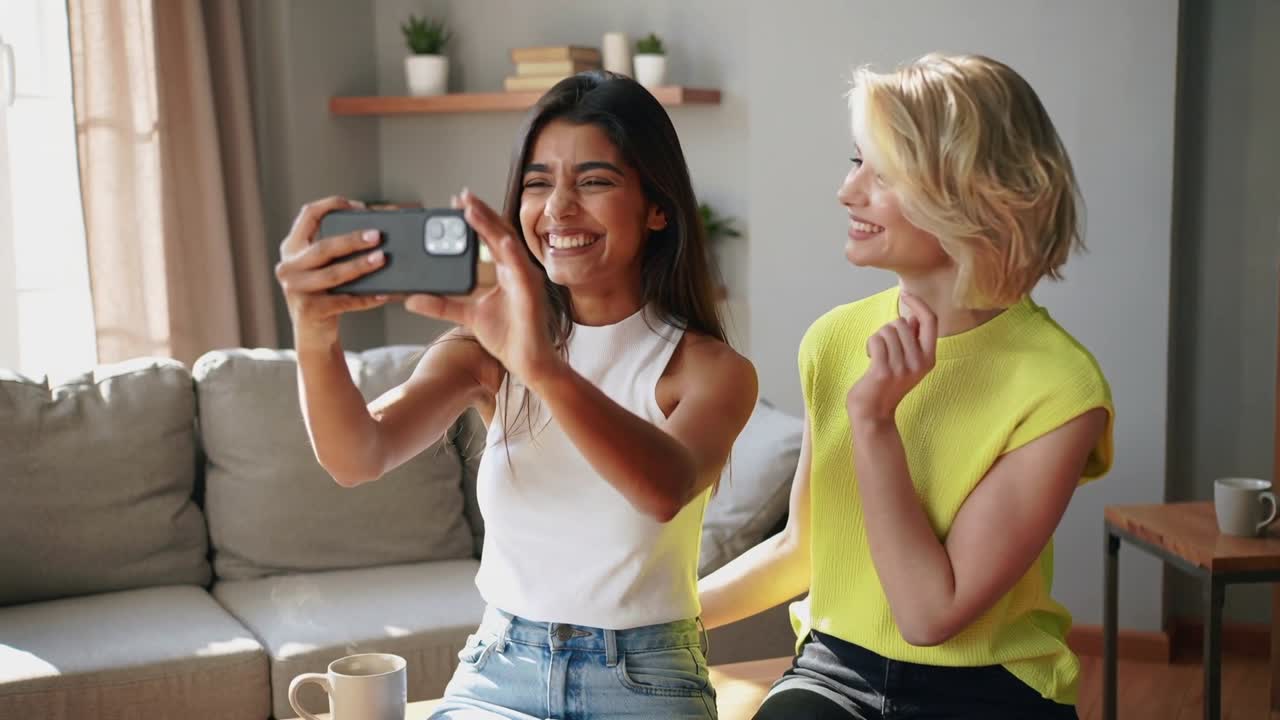 Raising smartphone, taking selfie, women leaning, smiling at home using window light in tank tops