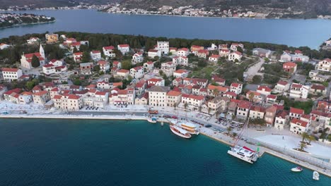 Villas,-Hotels,-and-Houses-on-the-Adriatic-Coast-in-the-City-of-Rogoznica-in-Croatia---aerial-shot