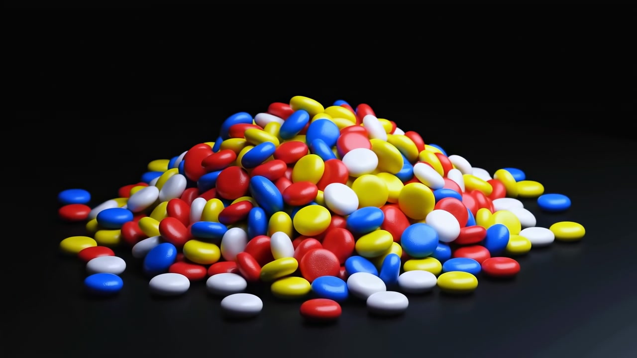 Compresse multicolori brillanti sono disposte in un mucchio compatto su sfondo nero, mentre l'illuminazione evidenzia superfici lisce, forme arrotondate e colori contrastanti in una visione ravvicinata e pulita