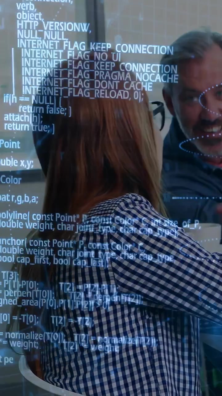 AR overlay appearing, woman turning and leaning toward man, man reaching cup, both discussing work