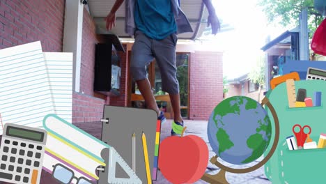 múltiples iconos del concepto de la escuela contra los niños corriendo por el corredor