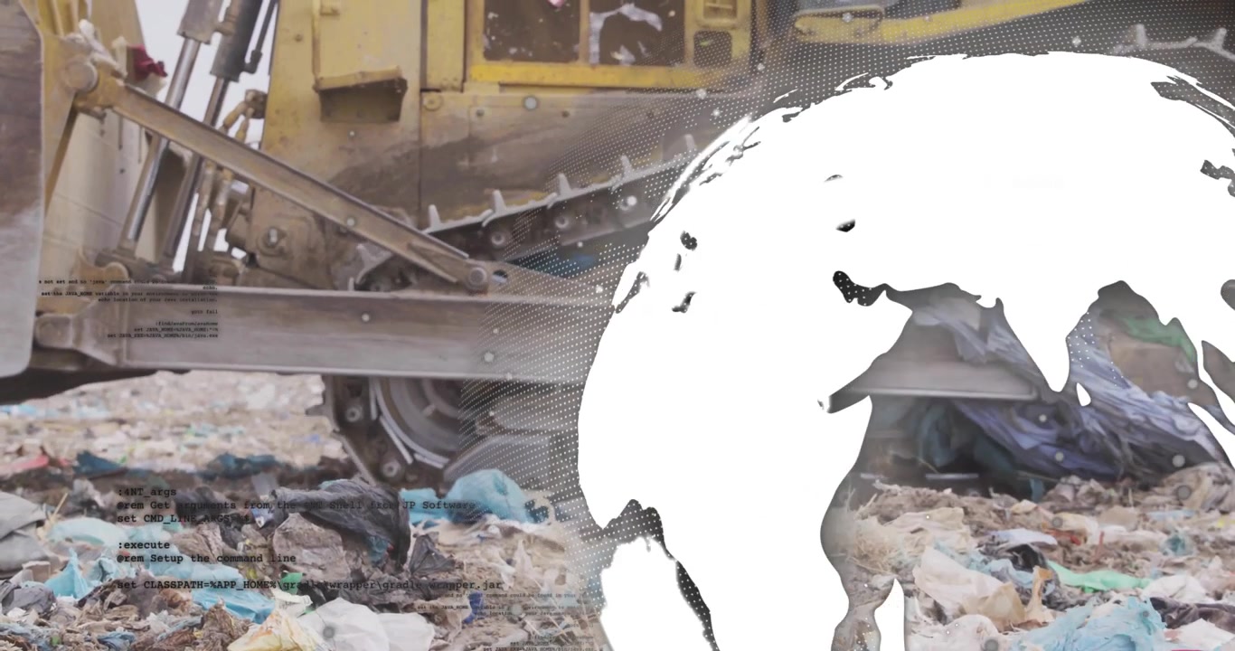 As bulldozer pushing waste, digital globe emerging, rotating and fading to show waste removal