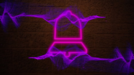 digital animation of purple digital waves over neon pink notification bell icon against brick wall