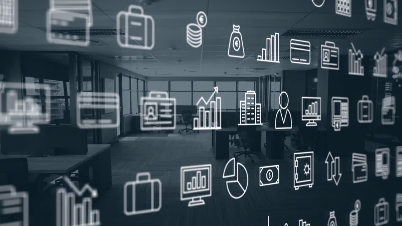 animación de múltiples iconos digitales que se mueven contra la oficina vacía.
