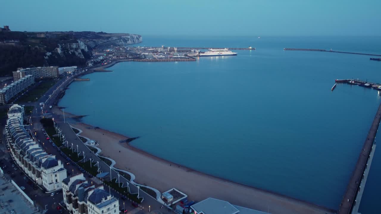 Aerial view of Dover coastline with ferry and harbor