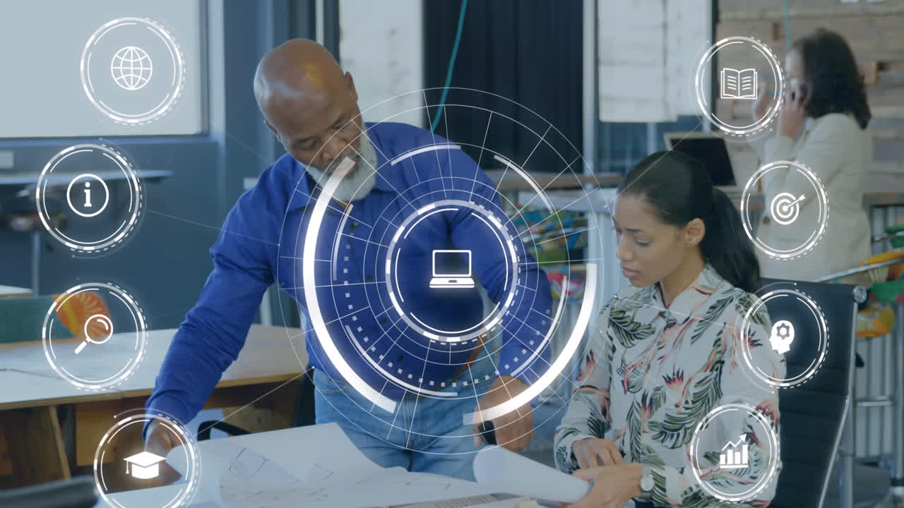 Animation of icons and data processing over diverse business people in office