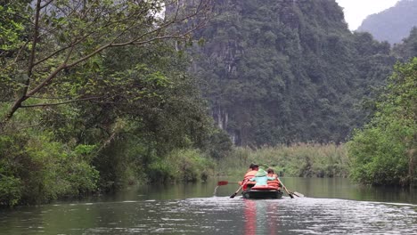 personas remando tranquilamente a través de un exuberante paisaje fluvial