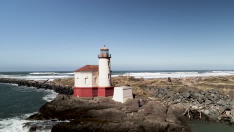 El-Histórico-Faro-Del-Río-Coquille-A-Lo-Largo-De-La-Costa-De-Oregon-Del-Océano-Pacífico,-órbita-Aérea