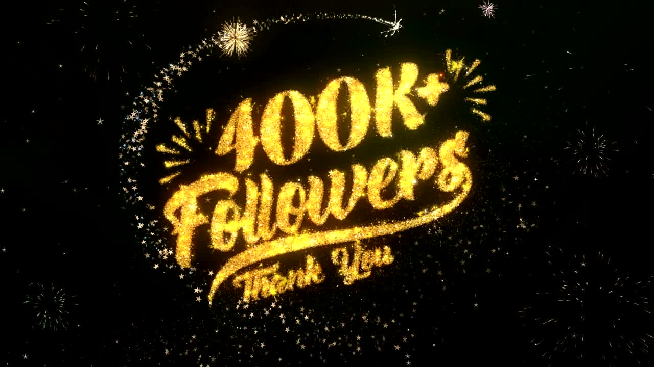 400k 추종자 인사 및 희망 카드는 반이는 입자 및 반이는 빛의 어두운 밤 하늘과 다채로운 불꽃놀이 4k 배경으로 만들어졌습니다.