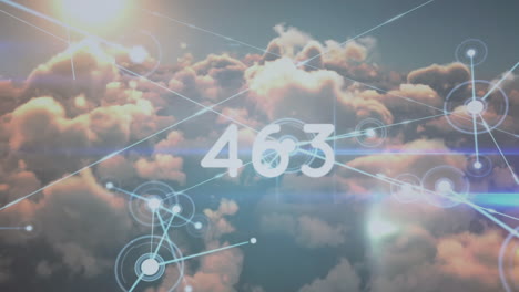 animación de números, red de conexiones con puntos sobre nubes