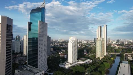 aerial jakarta view from above sudirman street in the morning with building and rush hours view