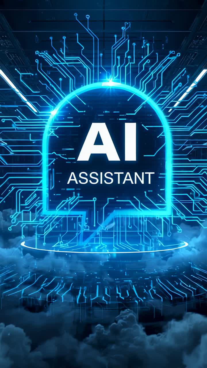 Vertical video: Booting system causing AI assistant bubble pulsing over cloud and circuit paths