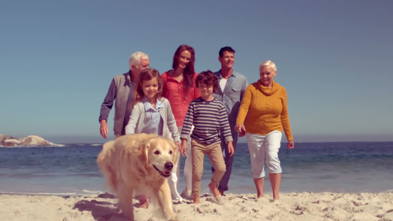 행복 한 가족 이 개 와 함께 산책 하고 있다