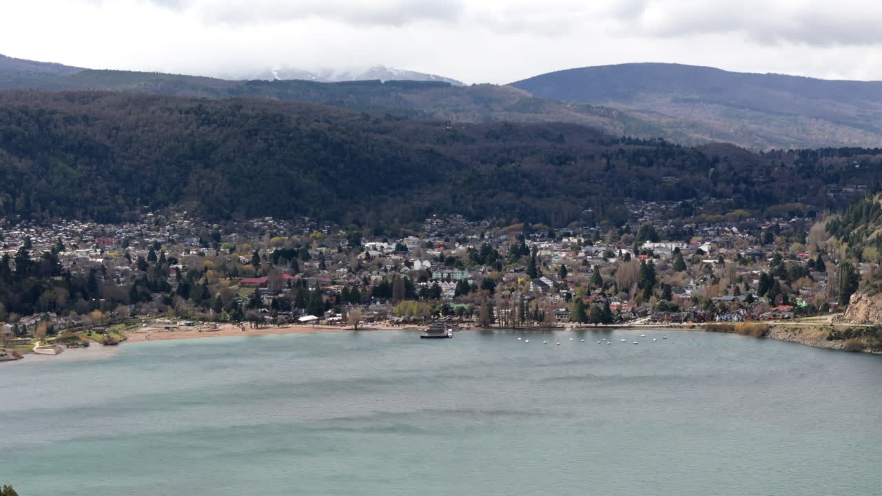 Aerial view of San Martín de los Andes city on shores of Lácar lake in Patagonia, Neuquén, Argentina