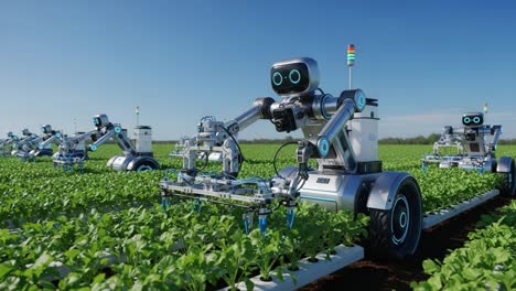 automated agricultural robots tending to crops in a sunny field, showcasing advanced technology in precision farming and sustainable agriculture practices