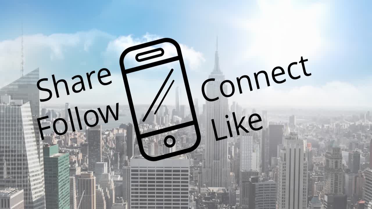 Animação do texto 'compartilhar seguir conectar curtir' e ícone de smartphone sobre paisagem urbana moderna