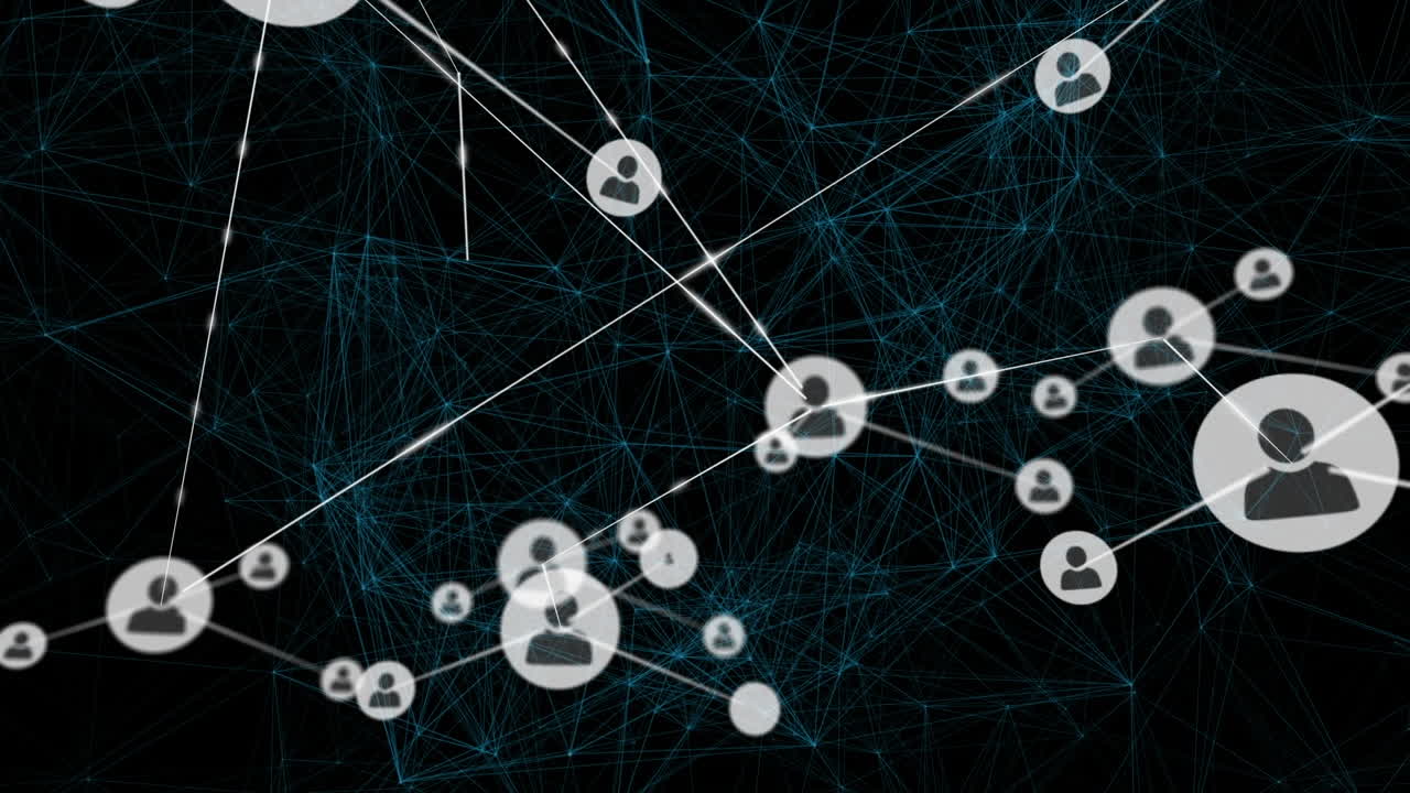 animación de la red de conexiones con iconos en fondo negro