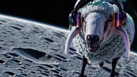 sheep in space with headphones