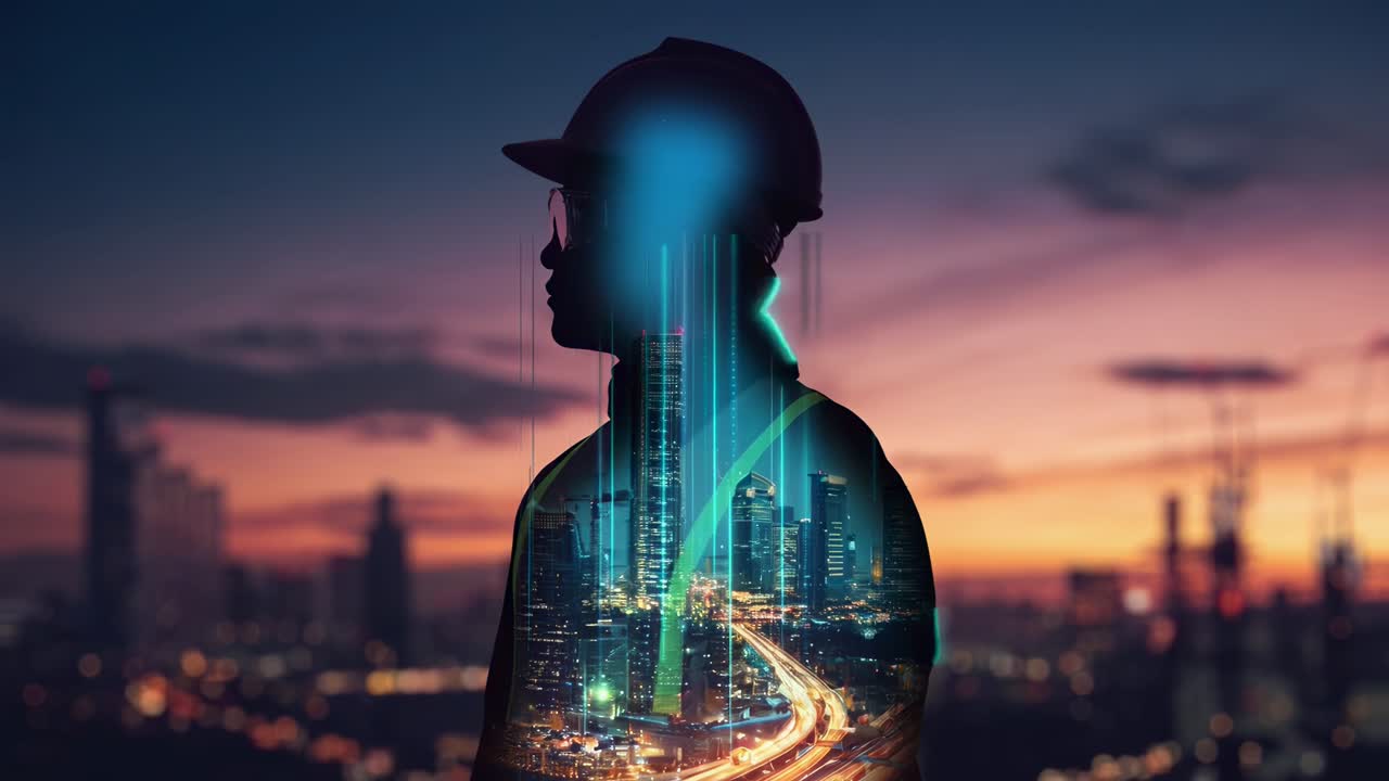 Double Exposure of Engineer Silhouette with Futuristic Smart City Overlay