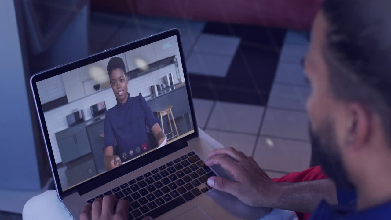 Man using trackpad during business review, presenter starting data overlays with bar charts, globe