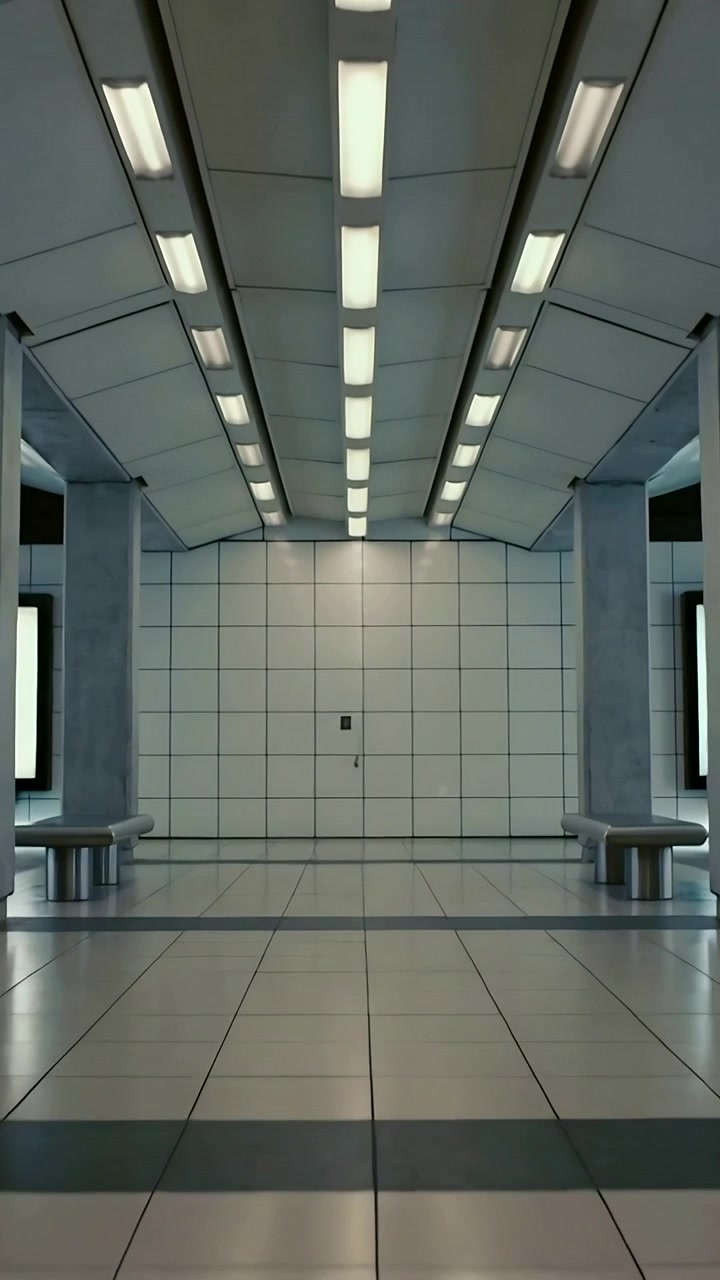 Vídeo vertical: Câmera deslizando, movendo-se e inclinando-se na estação, mostrando um painel de acesso em parede azulejada para pedido.