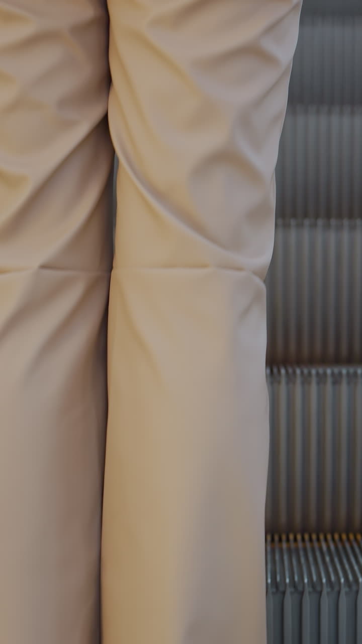 Rear view of woman with long brown hair in white sweater riding escalator in shopping mall, she gently holds escalator rail while moving upwards, with another person ahead