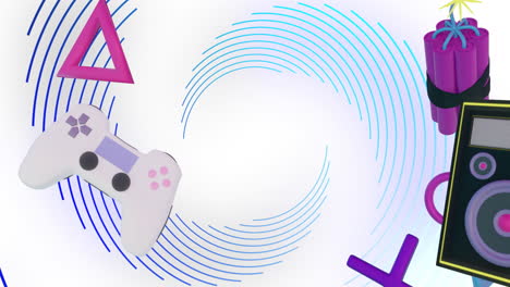 animation of game controllers, equipment and icons over blue spiral lines processing
