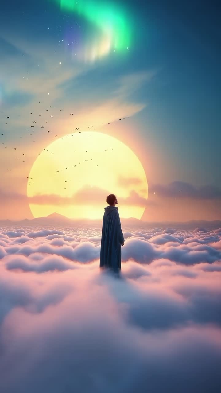 Vista aerea di una persona sulle nuvole, con un tramonto e un'aurora