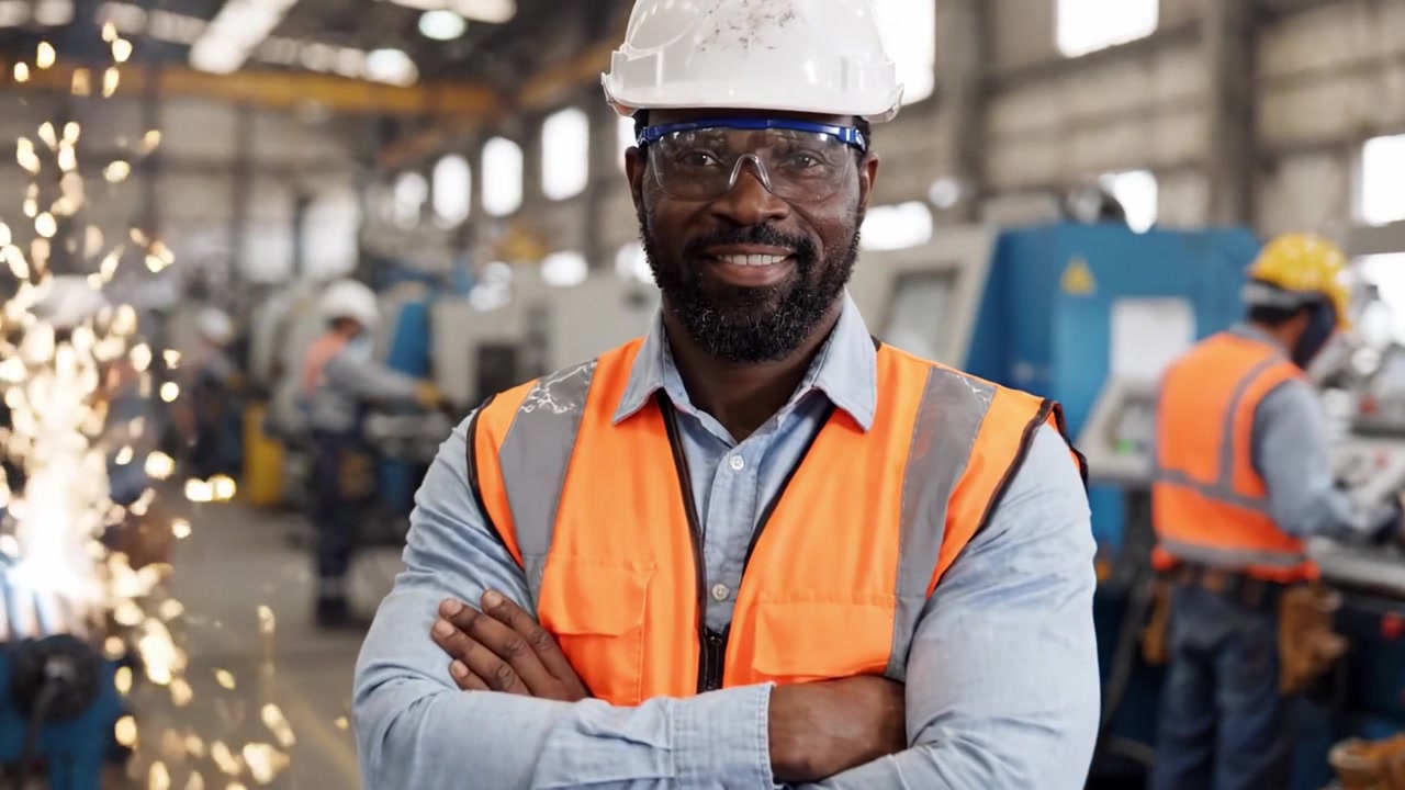 Confident Male Worker in Safety Gear Stands Proudly at a Manufacturing Facility, Showcasing Skills Behind Him, Capturing a Spirit of Dedication and Craftsmanship in the Workplace