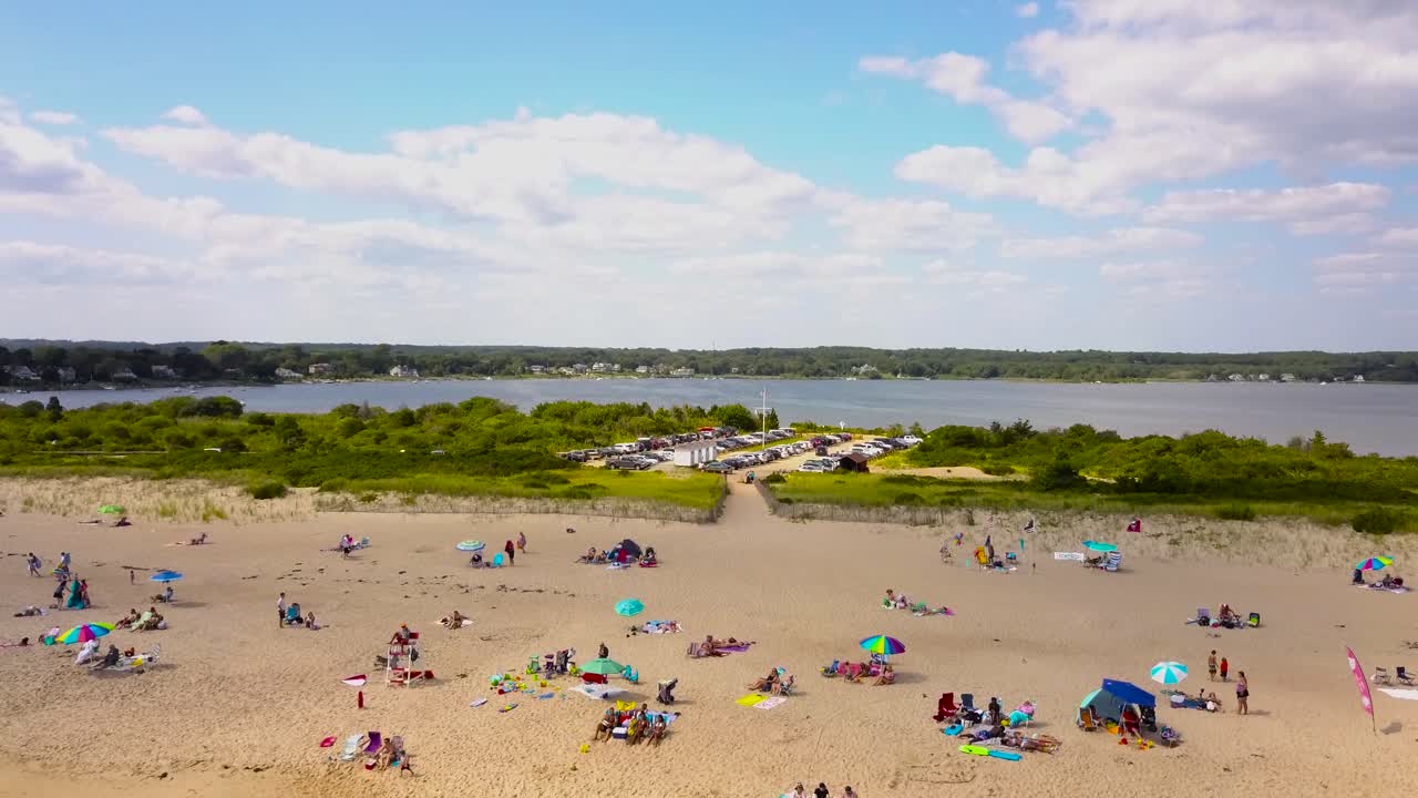 Shot from above of tourists on beach. Burlingame Park, Charlestown. United States