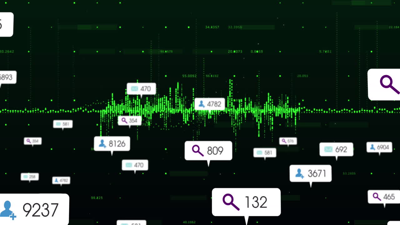 검은색 배경에 대한 데이터 처리 위에 떠다니는 소셜 미디어 아이콘의 애니메이션