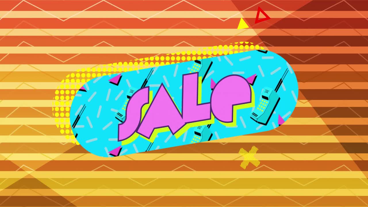 gráfico de venta en oval turquesa sobre un fondo a rayas multicolores