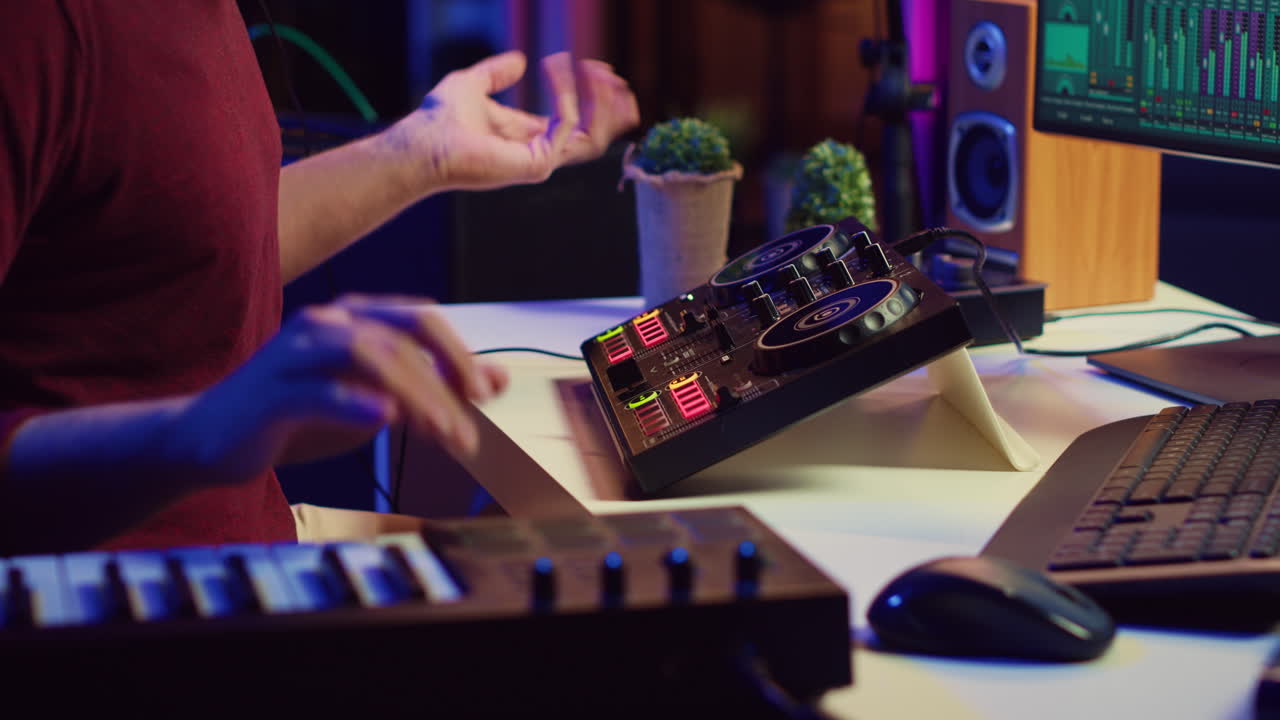 완벽한 소리를 만들기 위해 사운드보드와 함께 일하는 오디오 엔지니어