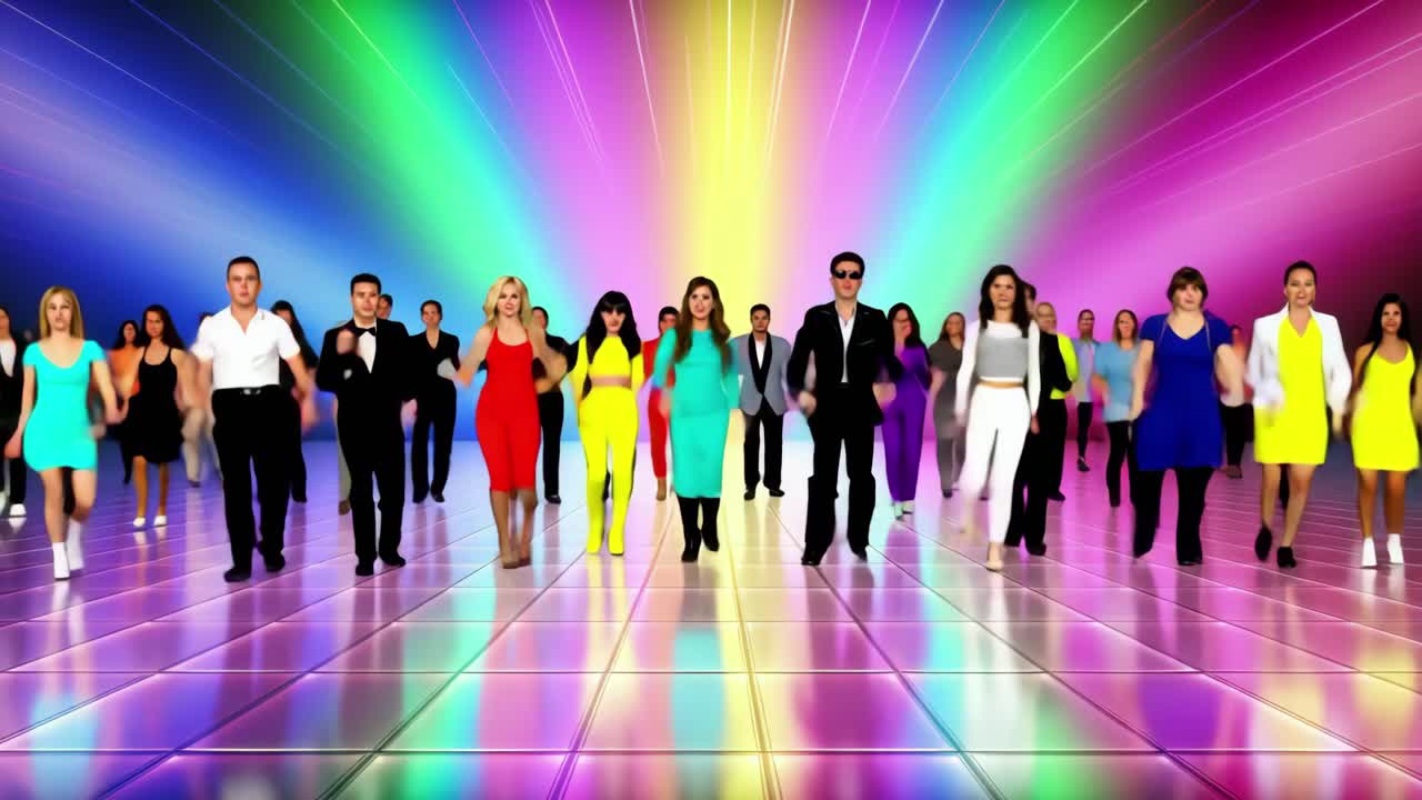 Una scena video vivace con un gruppo che balla su una superficie riflettente