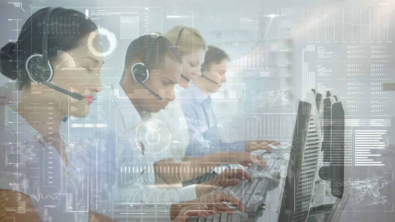 사무실에서 일하는 사업가들에 대한 금융 데이터 처리 활성화