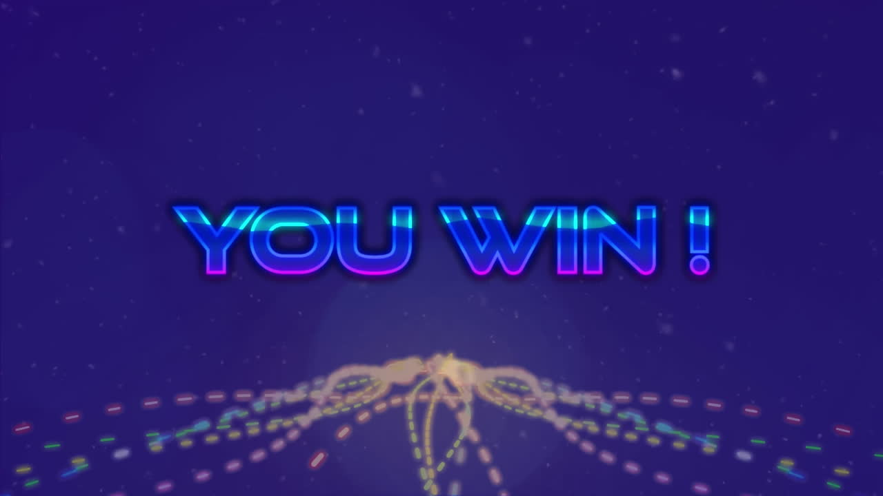 Digital animation of you win text against white particles and light trails on blue background