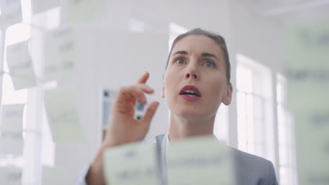 corporate business team using sticky notes brainstorming problem solving strategy on glass whiteboard thinking of solution for project deadline in office