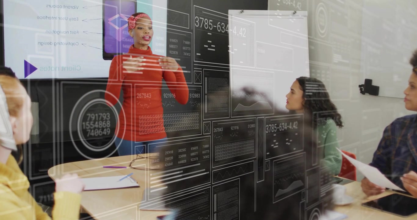 Presenter beginning to talk and sharing business data insights while digital charts animating