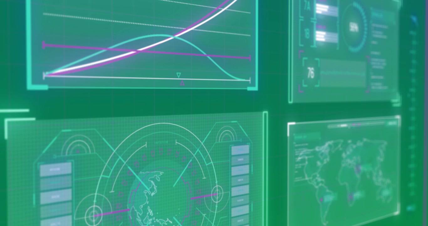 Animation of scope scanning and data processing on screens on transparent background