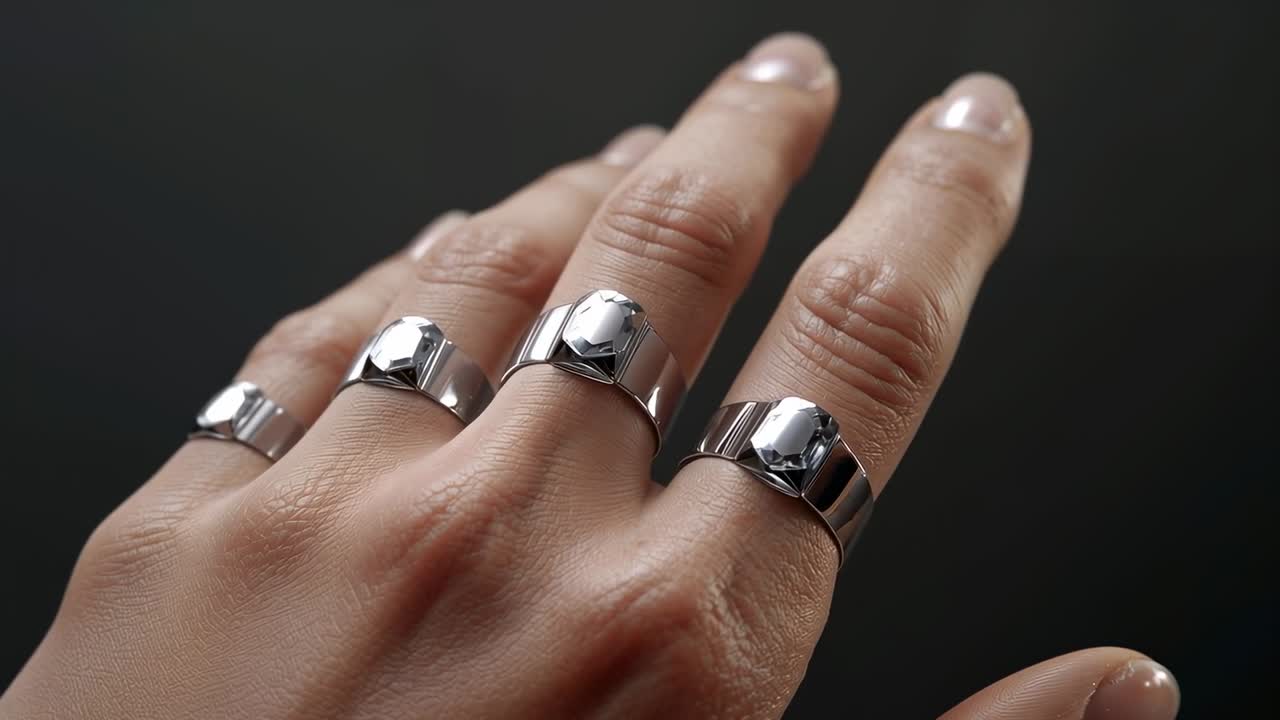 Lighting causing woman's hand shifting toward lens in studio showing 4 silver rings and pink nails
