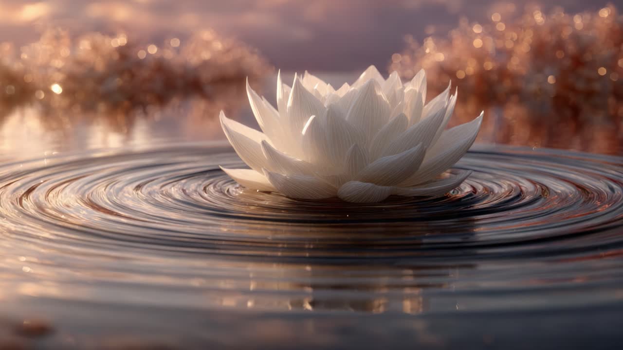 A Serene White Lotus Blooming on Tranquil Water, Captured During the Golden Hour, Emphasizing Nature's Beauty and Calmness with Gentle Ripples Surrounding It