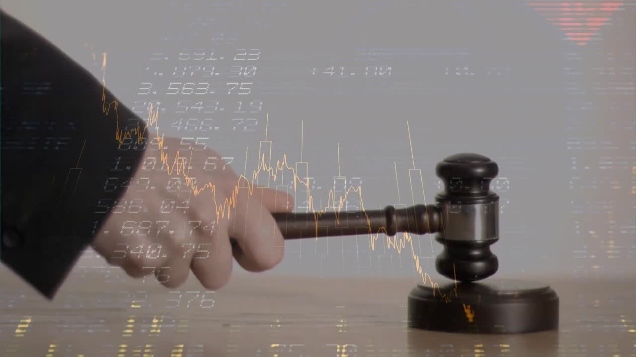 Animation of statistics and financial data processing over auctioneer's hammer