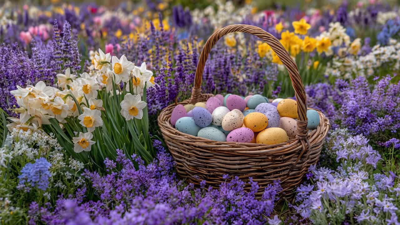 A Vibrant Easter Basket Surrounded by Colorful Flowers: A Festive Arrangement of Eggs Amidst Lush Blooms in Full Spring Splendor