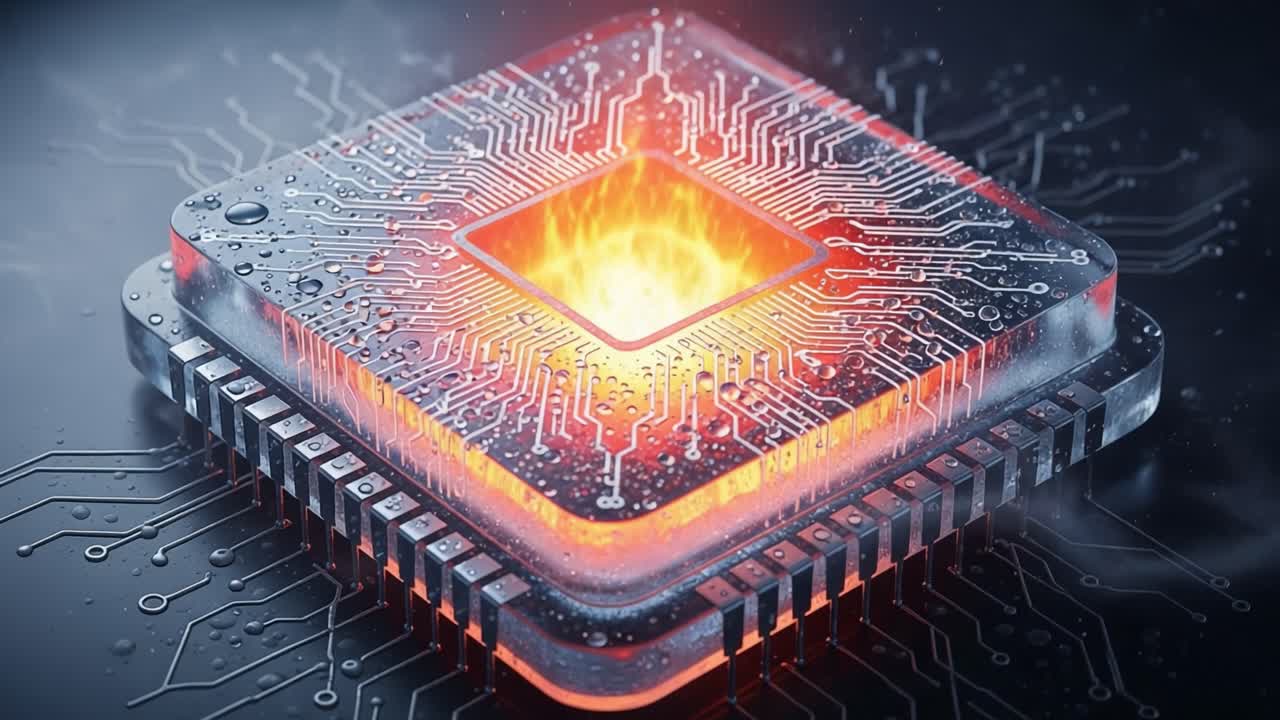 A Glowing Microchip Surrounded by Water Droplets: The Dynamic Fusion of Technology and Nature Captured in Stunning Detail, Illuminating the Future of Electronics