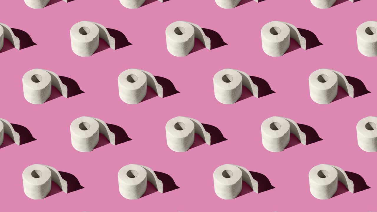 animación de bucle sin costuras de un patrón con rollos de papel higiénico blanco aislados en un fondo rosa de primer plano. maqueta con sombras duras del sol al mediodía