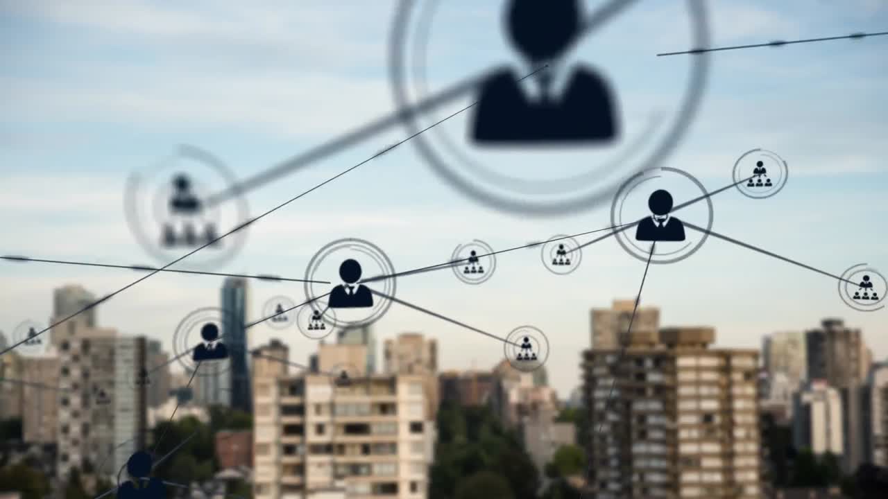 도시 풍경 위의 사람 아이콘과의 연결 네트워크의 애니메이션