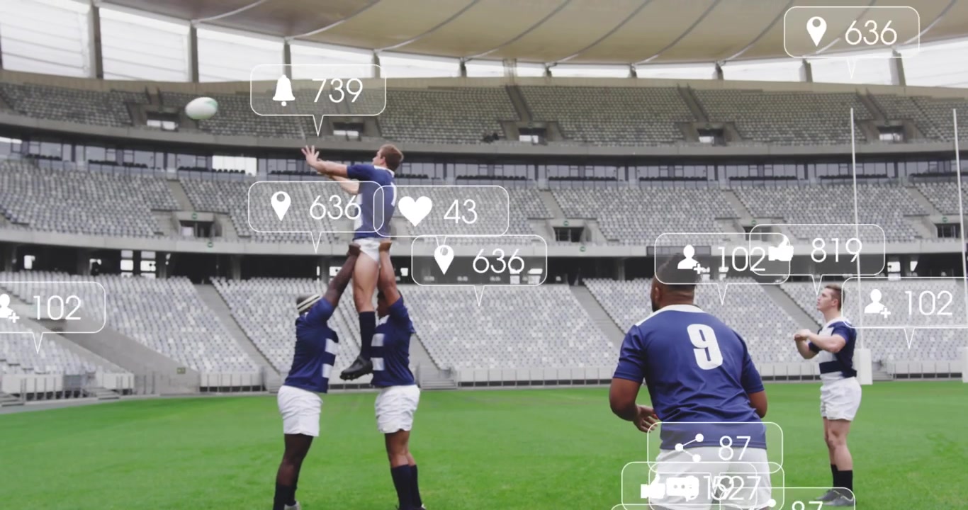 Scrum-half raising hand to start rugby lineout as forwards lifting jumper amid social media overlay