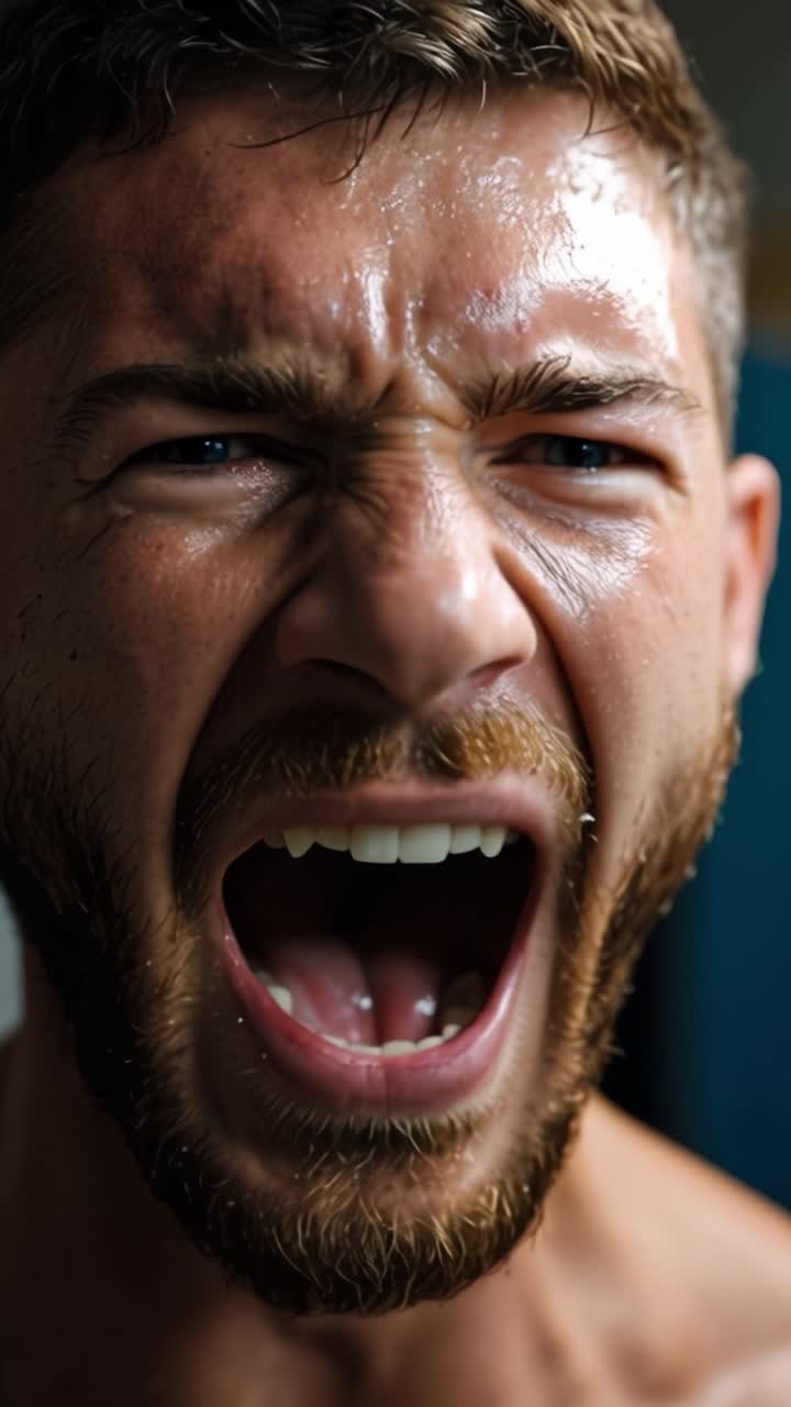 Emoción Intensa Capturada: Primer plano de un hombre que exhibe furia visceral y determinación en una expresión potente y empapada en sudor de fuerza y resiliencia.