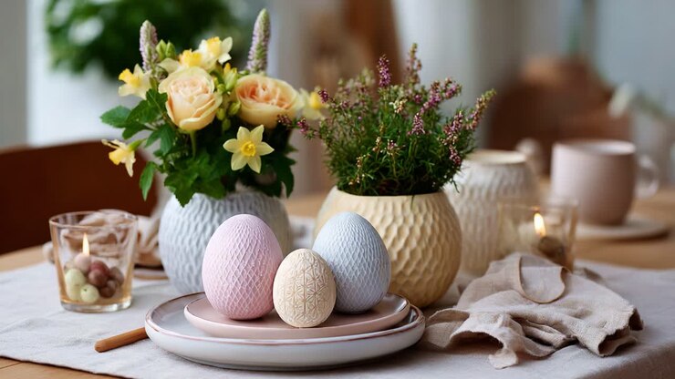 Elegant Easter Table Setting with Flowers and Eggs