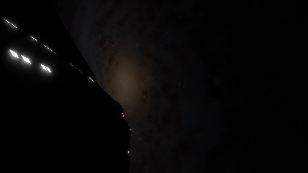 This video is the 2nd shows a dark alien vessel traversing across a massive spiral galaxy. As the ship moves, rows of glowing white windows along its silhouette slice through the deep void of space.